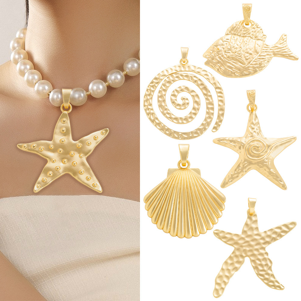 Gold Plated Shell Necklace Earring Set With Fake Pearl Alloy Star Pendant Large Pendant Fashion Jewelry Accessories