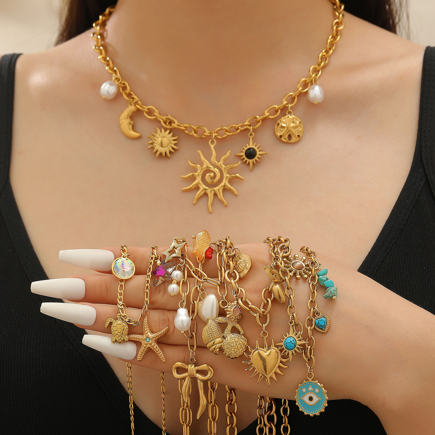 Stainless Steel Women's Necklace Sun Moon Star Bowknot Evil Eye Pendant Collarbone Chain Heart Starfish Design