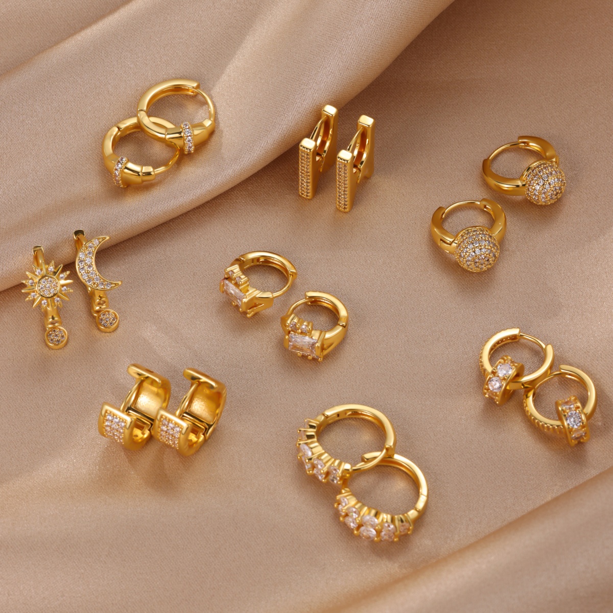 Three-dimensional Sun Earrings For Women, 304 Stainless Steel With 18K Real Gold PVD Coating And Zircon Inlay