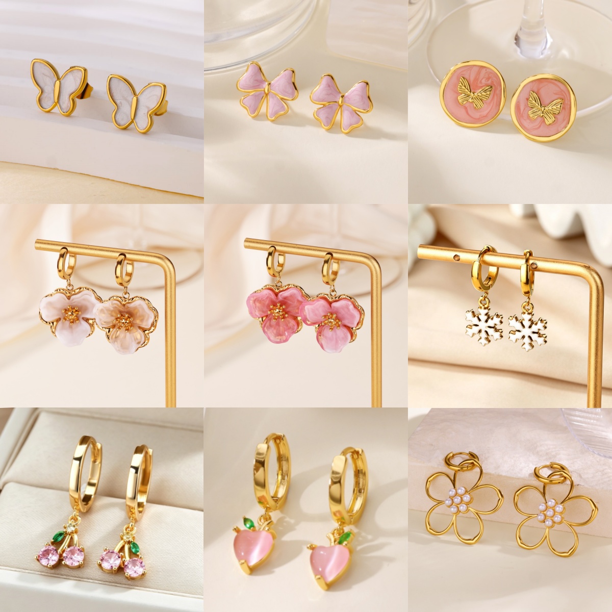 Women’s Enamel Flowers Earrings In 304 Stainless Steel With 18K Real Gold Plated PVD Coating And Zircon Inlay