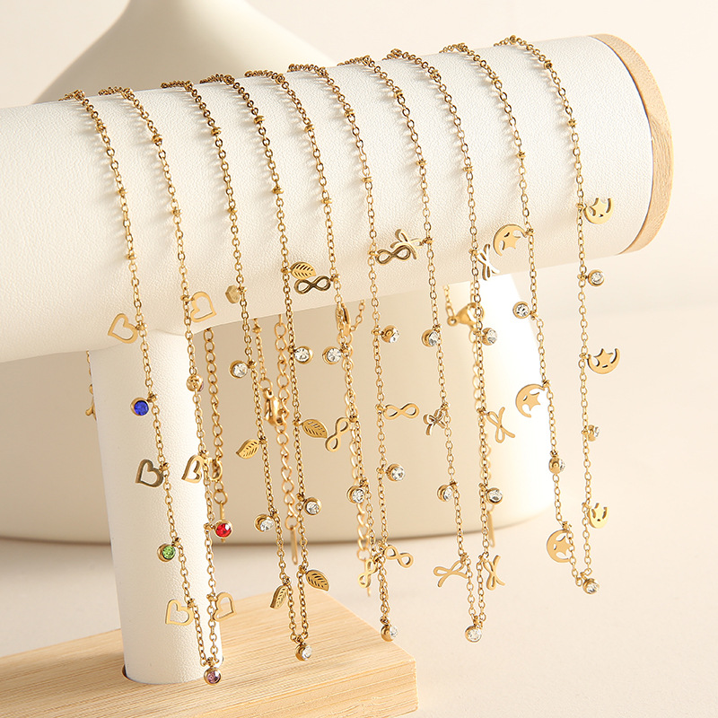 Geometric Titanium Steel Necklace For Women With Zircon Inlay, 18K Real Gold Plated Cable Chain
