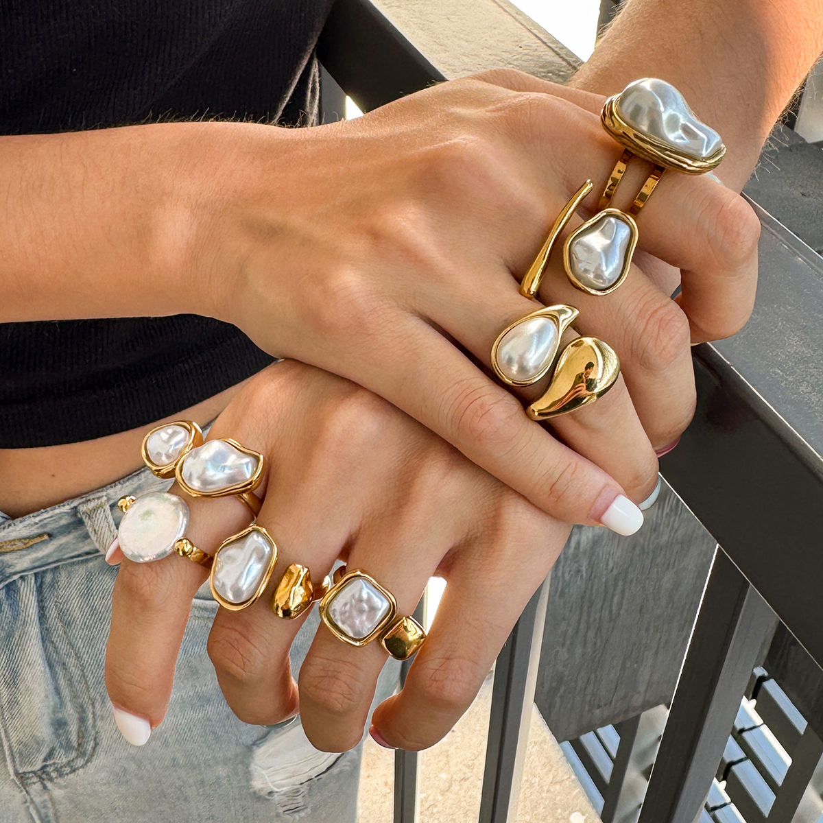 Style Stainless Steel Acrylic Pearl Ring Niche High-end Feel Non-fading Jewelry Stainless Steel Accessories Rings