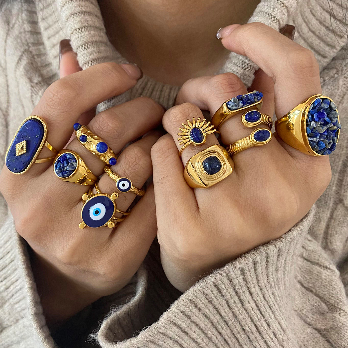 Wholesale Jewelry French Style Geometric Eye 304 Stainless Steel Natural Stone Plating Open Rings