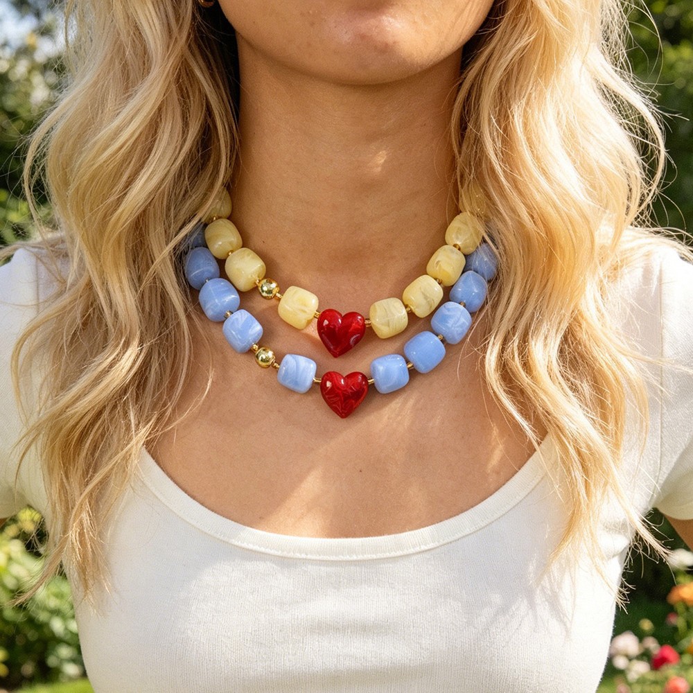 Heart Shape Beading Necklace With Resin Pendant And Copper Beaded Chain For Women