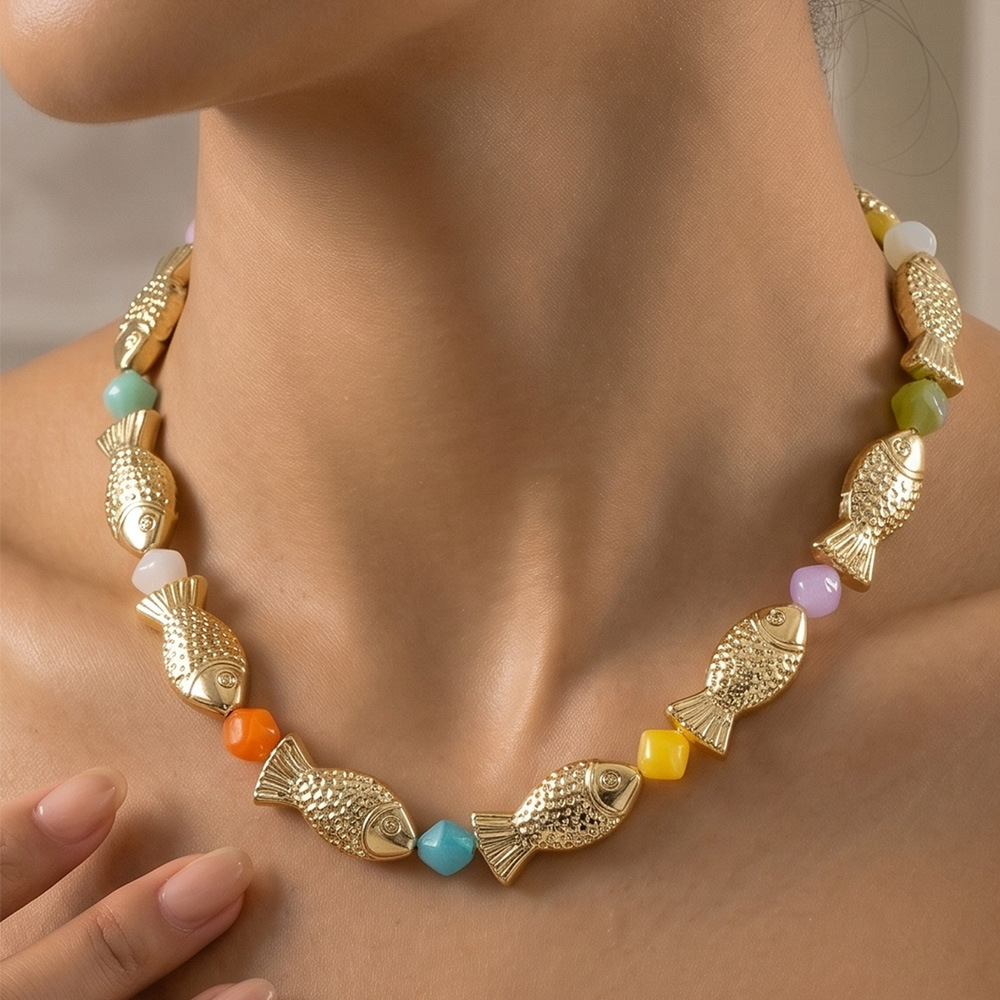Handmade Gold Resin Fish Necklace With Adjustable Slider Chain For Unisex Wear