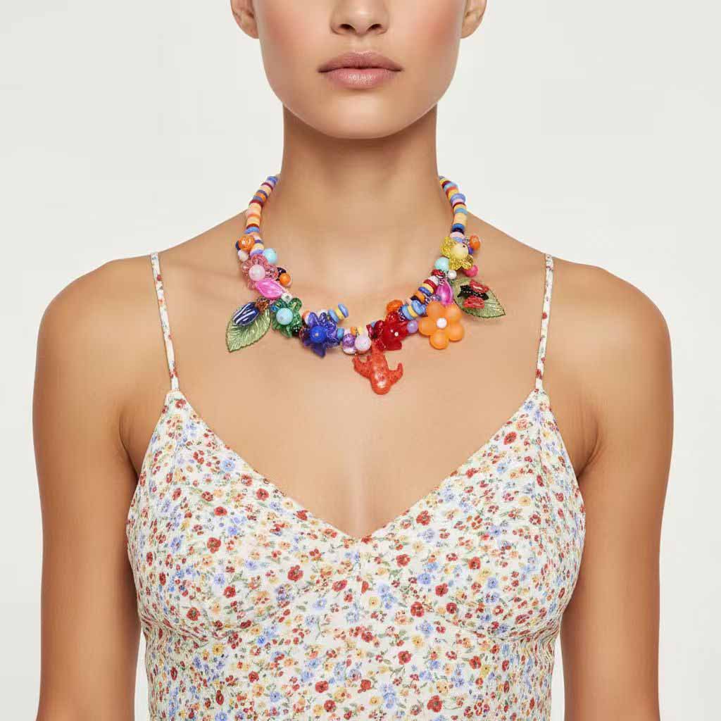 Pastoral Flowers Beading Necklace For Women With Acrylic Pendant