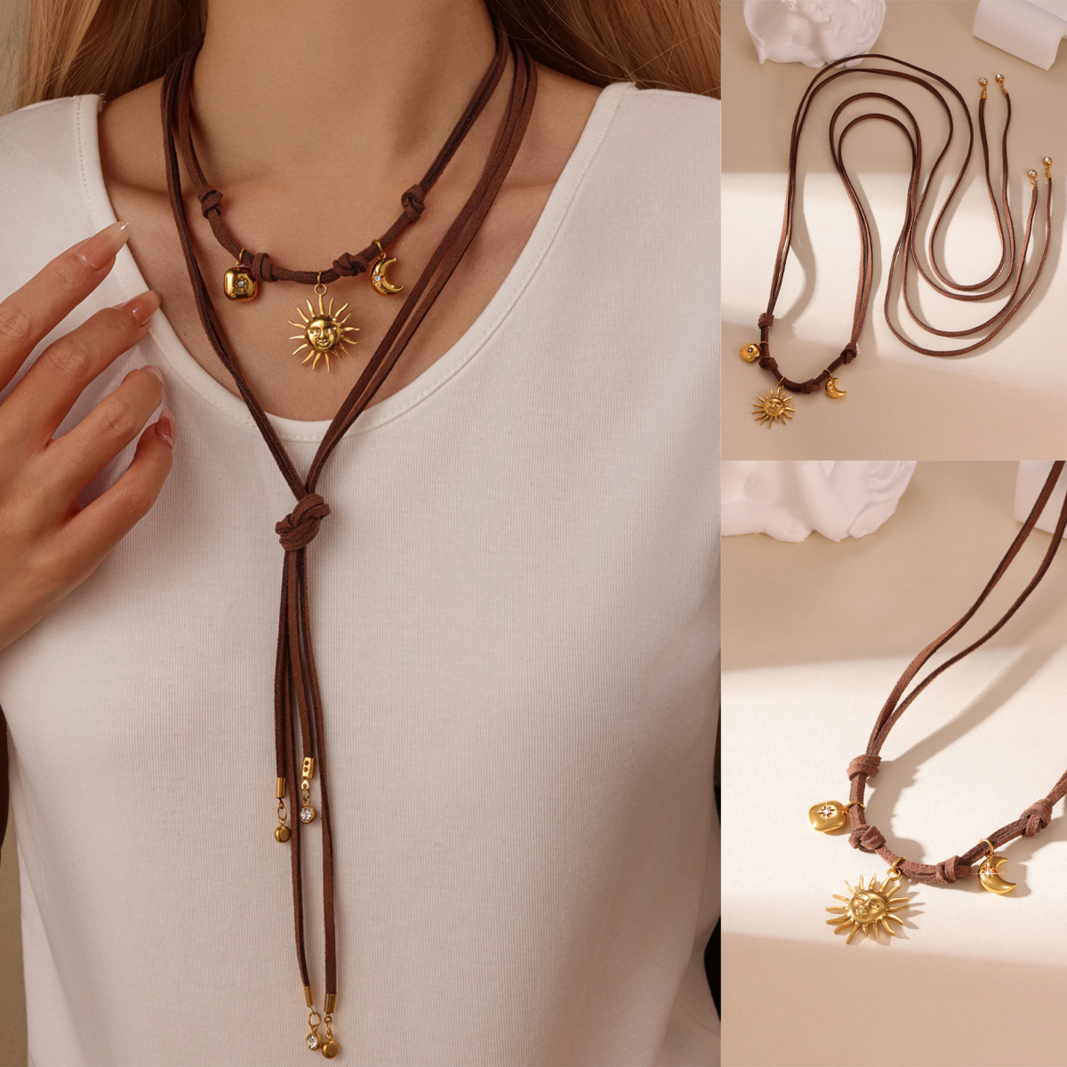 One Piece Simple Style 18K Real Gold 304 Stainless Steel Leather Star Moon Sun Moon Necklace Sweater Chain Vintage