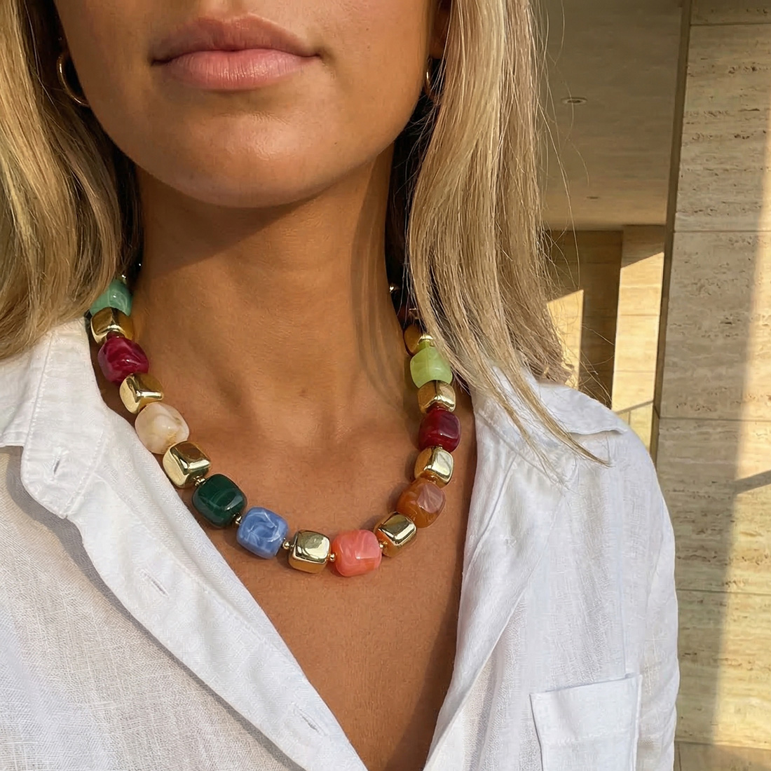 Square Resin Beaded Necklace For Women With Beaded Chain And Lobster Trigger Clasp Closure
