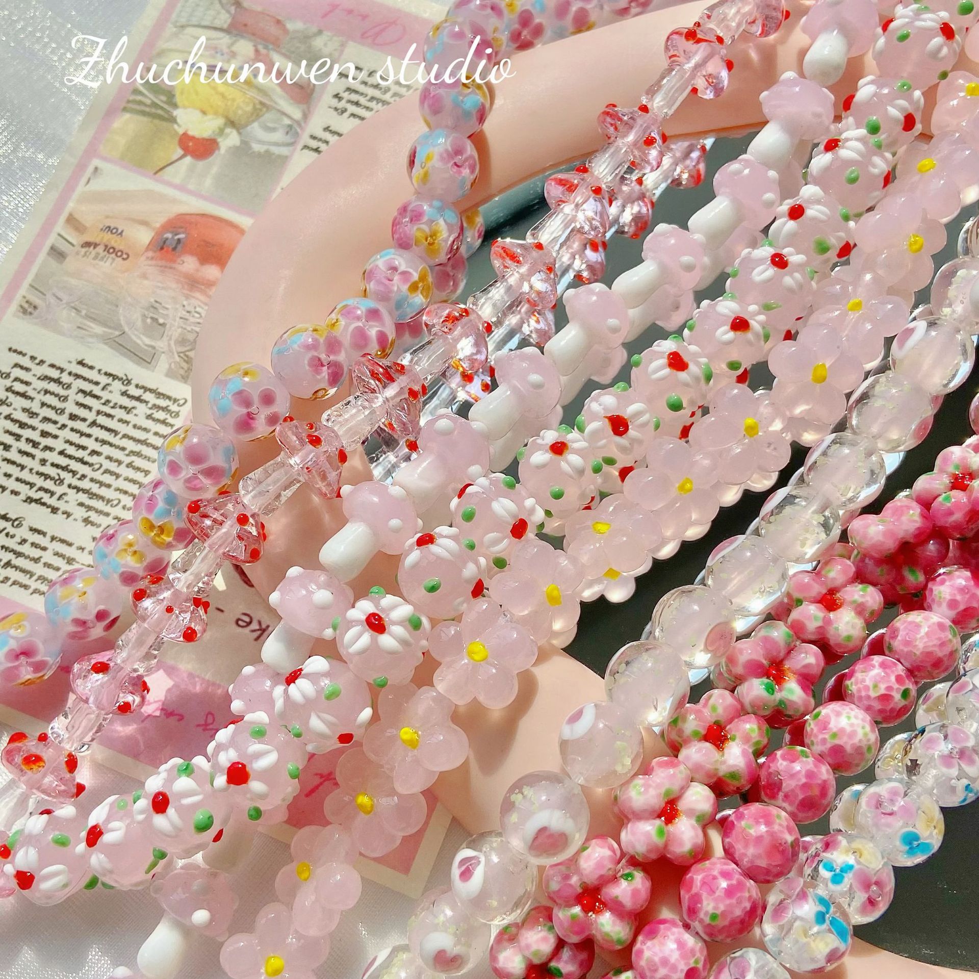 Handmade Pink Floral Murano Glass Bead Mushroom Heart DIY Bracelet Material Accessories Jewelry Charms Other Printed Design