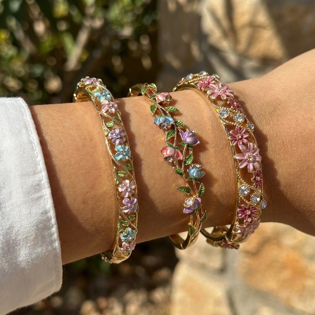 Electroplated Titanium Steel Flowers Bangle Featuring Elegant Floral Design