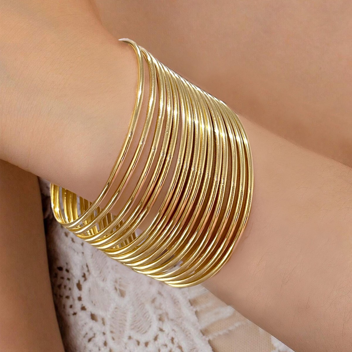 Geometric Metal Bangle For Stylish Wear In Golden Color, Set Of 15 Pieces