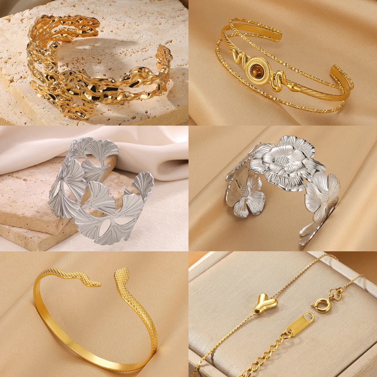 Luxurious Golden Stainless Steel Snake Eye Stone Bracelet Adjustable Open Design Geometric Floral Shell Patterns Elegant Jewelry Gift For Girlfriend