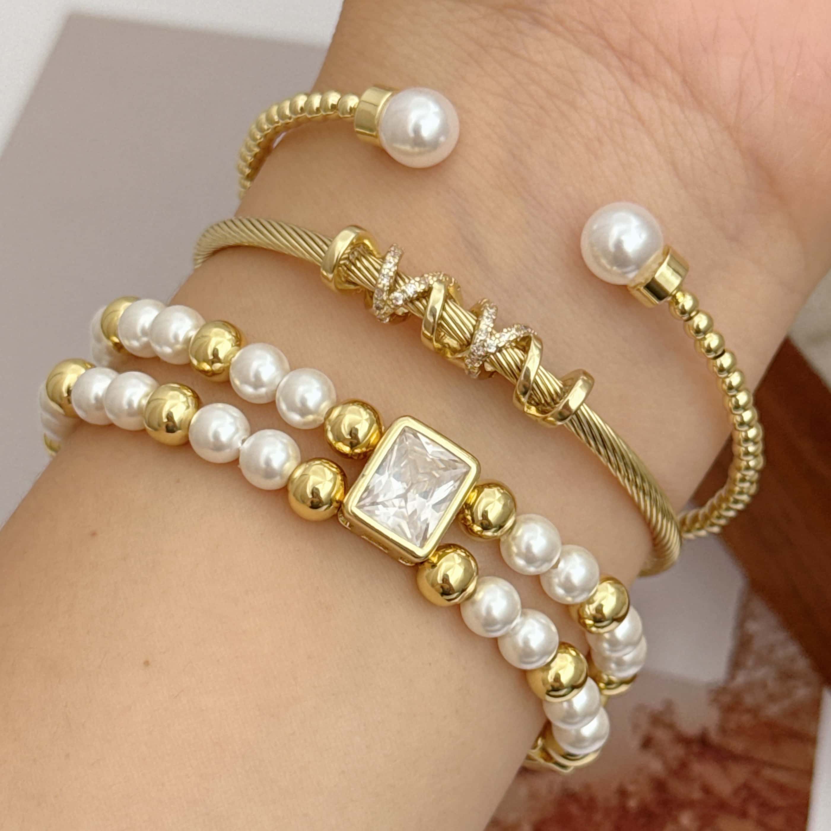 Geometric Beaded Chain Bracelet For Women, Copper Material With 18K Real Gold Electroplated And Acrylic Inlay