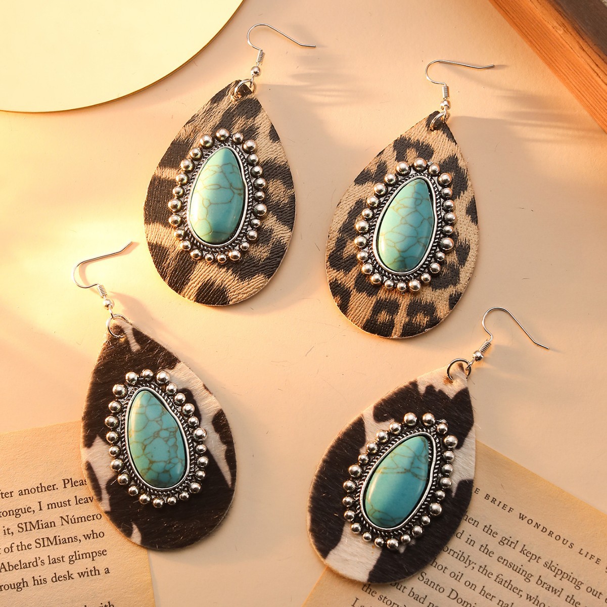 Bohemian Leopard Print Earrings For Women Featuring Turquoise Inlay And Metal Material