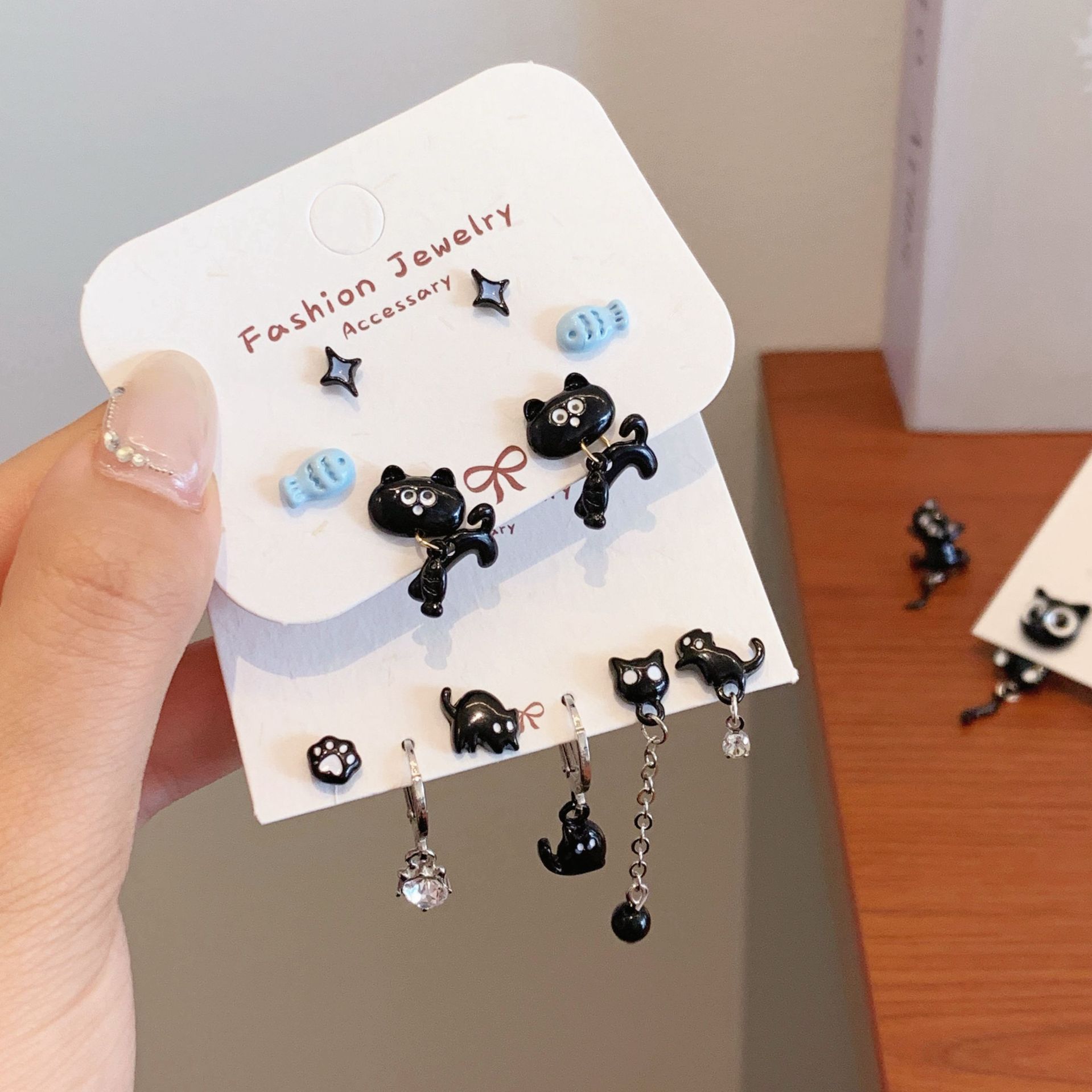 Black Cat Cartoon Earring Set For Women Silver Needle Cute Student Design Cat Tail Ear Jewelry Zinc Alloy Animal Pattern Earrings
