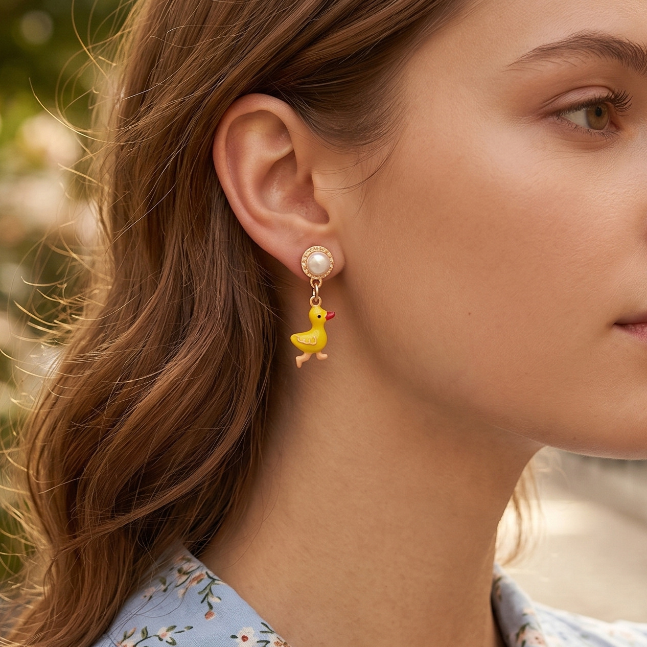 Enamel Duck Earrings For Women With 304 Stainless Steel Ear Pins And Artificial Pearl Inlay In Zinc Alloy
