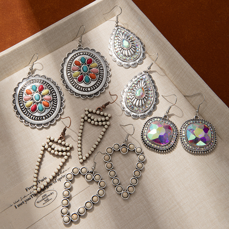 Bohemian Geometric Earrings For Women In Metal With Turquoise Inlay, Available In Colour