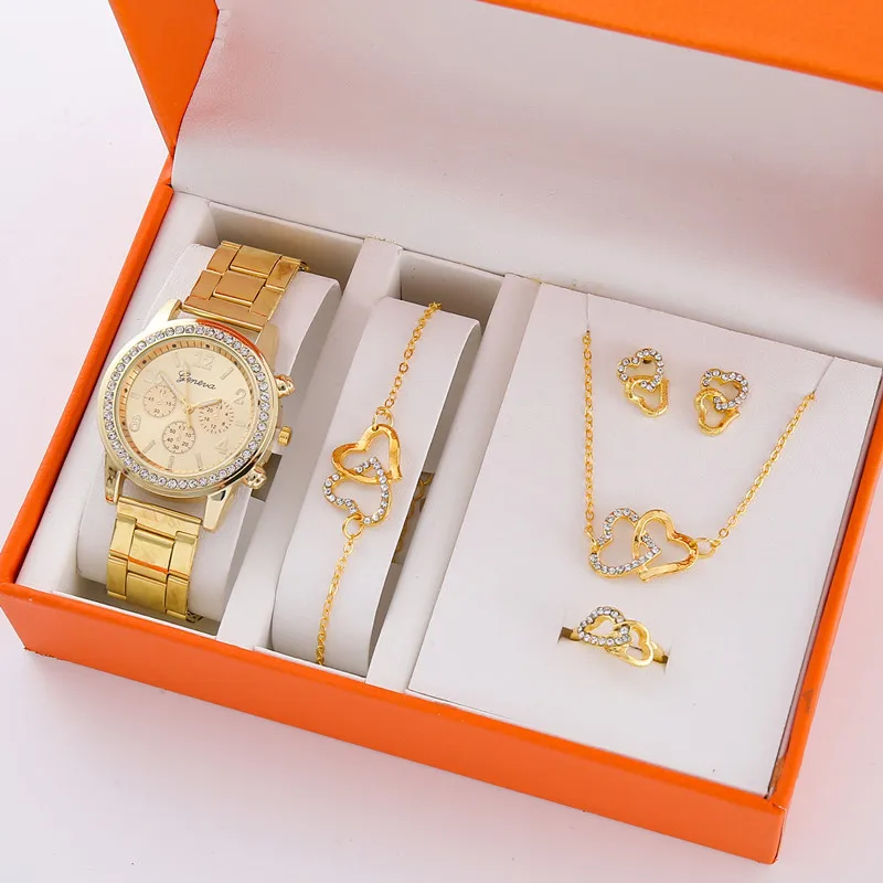 5 Pcs/set Steel Band Women's Watch Fake Three Eyes Women's Casual New Quartz Watch Suit (Orange Box)