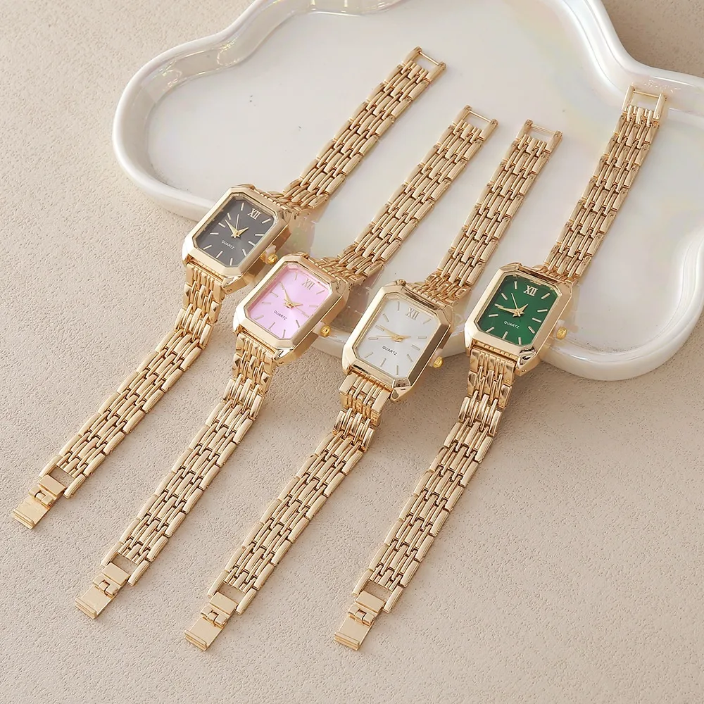Elegant Luxurious Rectangle Single Folding Buckle Alloy Strap Quartz Watch