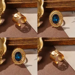 Oval Blue Glass Inlay Rings For Women, 1 Pair, 18K Real Gold Plated With 0.03µm-0.05µm Thickness