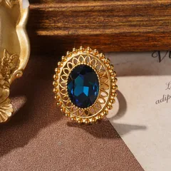 Oval Blue Glass Inlay Rings For Women, 1 Pair, 18K Real Gold Plated With 0.03µm-0.05µm Thickness 3