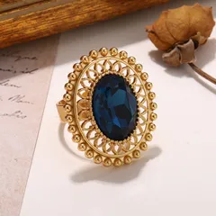 Oval Blue Glass Inlay Rings For Women, 1 Pair, 18K Real Gold Plated With 0.03µm-0.05µm Thickness 5